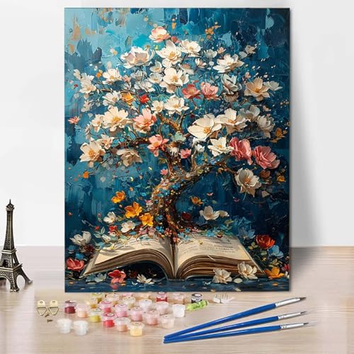Paint by Numbers Baum des Lebens Malen Nach Zahlen Blume Malen Nach Zahlen Anfänger DIY Handgemalt Ölgemälde Leinwand Kits mit 3 Pinseln und Acrylfarbe für Wanddeko, Geschenk (40x50cm) -CW2504N9 von HCWBDWOU