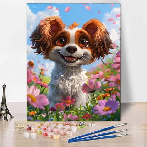 Paint by Numbers Blume Malen Nach Zahlen Hund Malen Nach Zahlen Anfänger DIY Handgemalt Ölgemälde Leinwand Kits mit 3 Pinseln und Acrylfarbe für Wanddeko, Geschenk für Frauen 70 x 95 cm -CW2504NY von HCWBDWOU