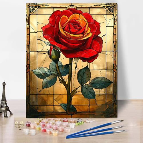 Paint by Numbers Blume Malen Nach Zahlen Rose Malen Nach Zahlen Anfänger DIY Handgemalt Ölgemälde Leinwand Kits mit 3 Pinseln und Acrylfarbe für Wanddeko, Geschenk für Frauen 70 x 95 cm -CW2504TH von HCWBDWOU