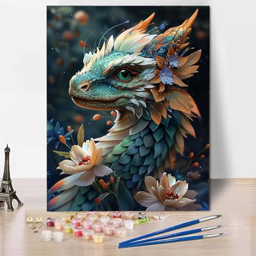 Paint by Numbers Drachen Malen Nach Zahlen Blume Malen Nach Zahlen Anfänger DIY Handgemalt Ölgemälde Leinwand Kits mit 3 Pinseln und Acrylfarbe für Wanddeko, Geschenk für Frauen (70x95cm) -CW2504J7 von HCWBDWOU