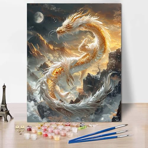 Paint by Numbers Drachen Malen Nach Zahlen Landschaft Malen Nach Zahlen Anfänger DIY Handgemalt Ölgemälde Leinwand Kits mit 3 Pinseln und Acrylfarbe für Wanddeko, Geschenk (70x95cm) -CW250489WJD von HCWBDWOU