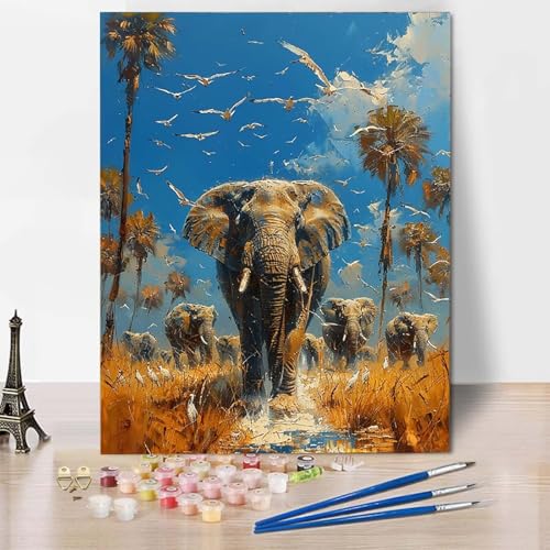 Paint by Numbers Elefant Malen Nach Zahlen Tier Malen Nach Zahlen Anfänger DIY Handgemalt Ölgemälde Leinwand Kits mit 3 Pinseln und Acrylfarbe für Wanddeko, Geschenk für Frauen 60 X 80 CM -CW2504XQ von HCWBDWOU