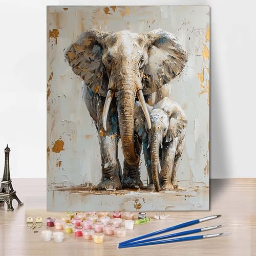 Paint by Numbers Elefant Malen Nach Zahlen Tier Malen Nach Zahlen Anfänger DIY Handgemalt Ölgemälde Leinwand Kits mit 3 Pinseln und Acrylfarbe für Wanddeko, Geschenk für Frauen 70 x 95 cm -CW2504Z0 von HCWBDWOU