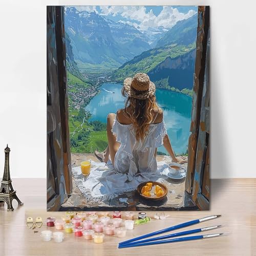 Paint by Numbers Frau Malen Nach Zahlen Landschaft Malen Nach Zahlen Anfänger DIY Handgemalt Ölgemälde Leinwand Kits mit 3 Pinseln und Acrylfarbe für Wanddeko, Geschenk für Frauen 70 x 95 cm -CW25040Z von HCWBDWOU