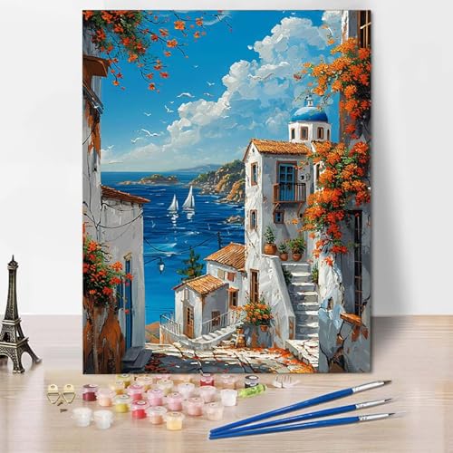 Paint by Numbers Häuser Malen Nach Zahlen Landschaft Malen Nach Zahlen Anfänger DIY Handgemalt Ölgemälde Leinwand Kits mit 3 Pinseln und Acrylfarbe für Wanddeko, Geschenk (40 x 60 cm) -CW2504B4 von HCWBDWOU