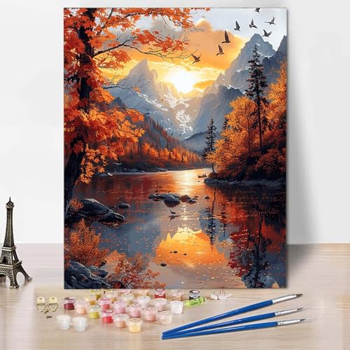 Paint by Numbers Herbst Malen Nach Zahlen Baum Malen Nach Zahlen Anfänger DIY Handgemalt Ölgemälde Leinwand Kits mit 3 Pinseln und Acrylfarbe für Wanddeko, Geschenk für Frauen (50x65cm) -CW2504K9 von HCWBDWOU