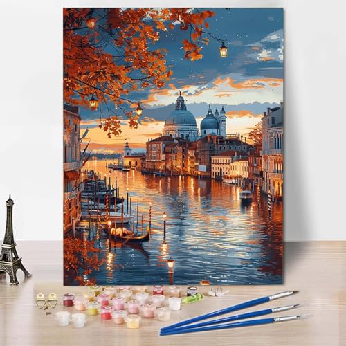 Paint by Numbers Herbst Malen Nach Zahlen Stadt Malen Nach Zahlen Anfänger DIY Handgemalt Ölgemälde Leinwand Kits mit 3 Pinseln und Acrylfarbe für Wanddeko, Geschenk für Frauen 70 x 95 cm -CW25041R von HCWBDWOU
