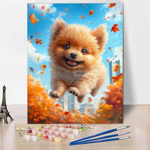 Paint by Numbers Hund Malen Nach Zahlen Ahornblatt Malen Nach Zahlen Anfänger DIY Handgemalt Ölgemälde Leinwand Kits mit 3 Pinseln und Acrylfarbe für Wanddeko, Geschenk (40 x 60 cm) -CW250469EL5 von HCWBDWOU