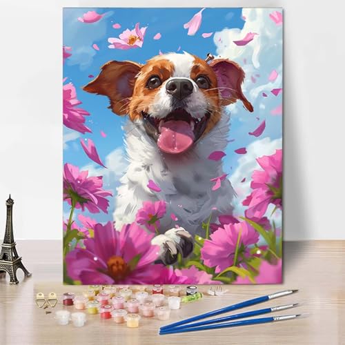 Paint by Numbers Hund Malen Nach Zahlen Blume Malen Nach Zahlen Anfänger DIY Handgemalt Ölgemälde Leinwand Kits mit 3 Pinseln und Acrylfarbe für Wanddeko, Geschenk für Frauen (100 x 135 cm) -CW2504CO von HCWBDWOU