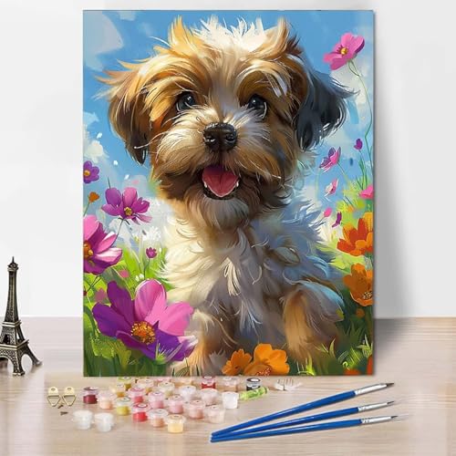 Paint by Numbers Hund Malen Nach Zahlen Blume Malen Nach Zahlen Anfänger DIY Handgemalt Ölgemälde Leinwand Kits mit 3 Pinseln und Acrylfarbe für Wanddeko, Geschenk für Frauen (100 x 135 cm) -CW2504YM von HCWBDWOU