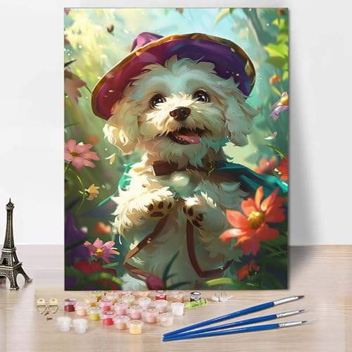 Paint by Numbers Hund Malen Nach Zahlen Blume Malen Nach Zahlen Anfänger DIY Handgemalt Ölgemälde Leinwand Kits mit 3 Pinseln und Acrylfarbe für Wanddeko, Geschenk für Frauen (20x30cm) -CW250475 von HCWBDWOU