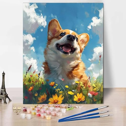Paint by Numbers Hund Malen Nach Zahlen Blume Malen Nach Zahlen Anfänger DIY Handgemalt Ölgemälde Leinwand Kits mit 3 Pinseln und Acrylfarbe für Wanddeko, Geschenk für Frauen (40 x 60 cm) -CW2504H3 von HCWBDWOU
