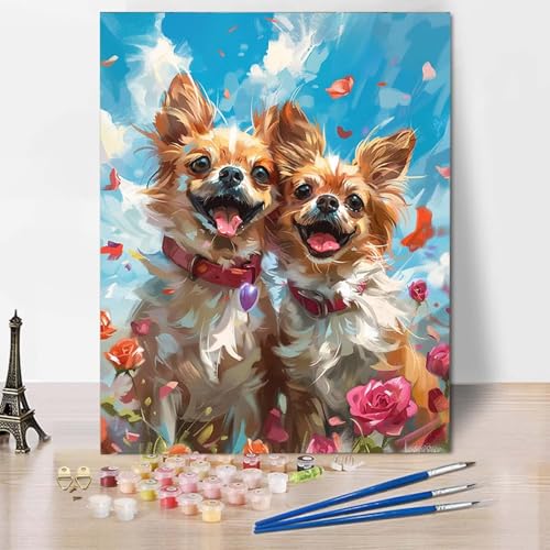 Paint by Numbers Hund Malen Nach Zahlen Blume Malen Nach Zahlen Anfänger DIY Handgemalt Ölgemälde Leinwand Kits mit 3 Pinseln und Acrylfarbe für Wanddeko, Geschenk für Frauen (50x65cm) -CW250491 von HCWBDWOU