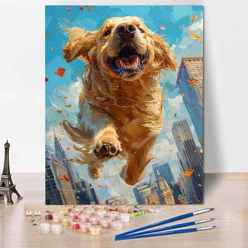 Paint by Numbers Hund Malen Nach Zahlen Stadt Malen Nach Zahlen Anfänger DIY Handgemalt Ölgemälde Leinwand Kits mit 3 Pinseln und Acrylfarbe für Wanddeko, Geschenk für Frauen (20x30cm) -CW2504B6 von HCWBDWOU