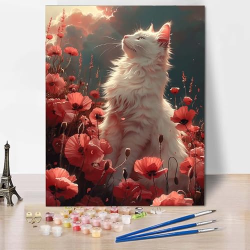 Paint by Numbers Katze Malen Nach Zahlen Blume Malen Nach Zahlen Anfänger DIY Handgemalt Ölgemälde Leinwand Kits mit 3 Pinseln und Acrylfarbe für Wanddeko, Geschenk für Frauen (50x65cm) -CW2504RF von HCWBDWOU