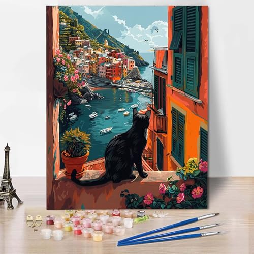 Paint by Numbers Katze Malen Nach Zahlen Stadt Malen Nach Zahlen Anfänger DIY Handgemalt Ölgemälde Leinwand Kits mit 3 Pinseln und Acrylfarbe für Wanddeko, Geschenk für Frauen (100 x 135 cm) -CW2504HM von HCWBDWOU