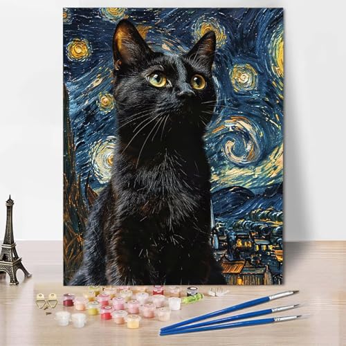 Paint by Numbers Katze Malen Nach Zahlen Sternenhimmel Malen Nach Zahlen Anfänger DIY Handgemalt Ölgemälde Leinwand Kits mit 3 Pinseln und Acrylfarbe für Wanddeko, Geschenk 40 x 50 cm -CW25047P von HCWBDWOU