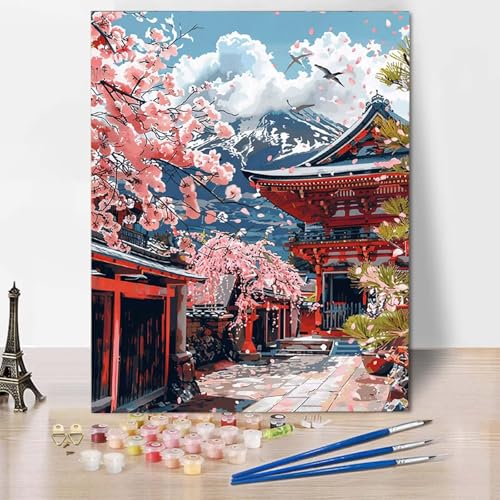 Paint by Numbers Kirschblüten Malen Nach Zahlen Landschaft Malen Nach Zahlen Anfänger DIY Handgemalt Ölgemälde Leinwand Kits mit 3 Pinseln und Acrylfarbe für Wanddeko, Geschenk (100 x 135 cm) -CW2449 von HCWBDWOU
