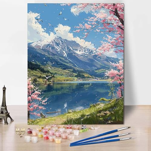 Paint by Numbers Kirschblüten Malen Nach Zahlen Schneeberg Malen Nach Zahlen Anfänger DIY Handgemalt Ölgemälde Leinwand Kits mit 3 Pinseln und Acrylfarbe für Wanddeko, Geschenk (70x95cm) -CW2504A9 von HCWBDWOU