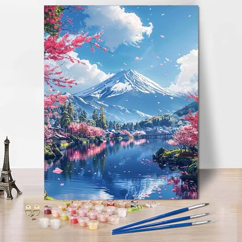 Paint by Numbers Kirschblüten Malen Nach Zahlen Schneeberg Malen Nach Zahlen Anfänger DIY Handgemalt Ölgemälde Leinwand Kits mit 3 Pinseln und Acrylfarbe für Wanddeko, Geschenk (70x95cm) -CW250409 von HCWBDWOU