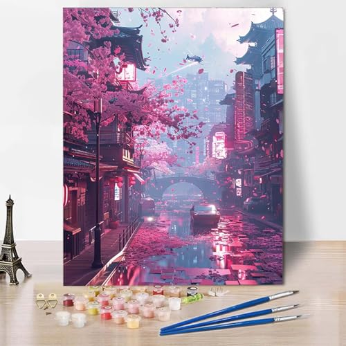 Paint by Numbers Kirschblüten Malen Nach Zahlen Stadt Malen Nach Zahlen Anfänger DIY Handgemalt Ölgemälde Leinwand Kits mit 3 Pinseln und Acrylfarbe für Wanddeko, Geschenk (40x50cm) -CW2504076SL von HCWBDWOU