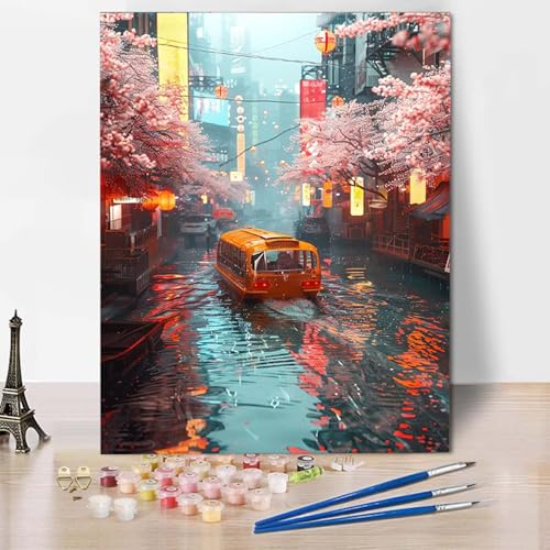 Paint by Numbers Kirschblüten Malen Nach Zahlen Stadt Malen Nach Zahlen Anfänger DIY Handgemalt Ölgemälde Leinwand Kits mit 3 Pinseln und Acrylfarbe für Wanddeko, Geschenk (60 x 80 cm) -CW2504U0 von HCWBDWOU