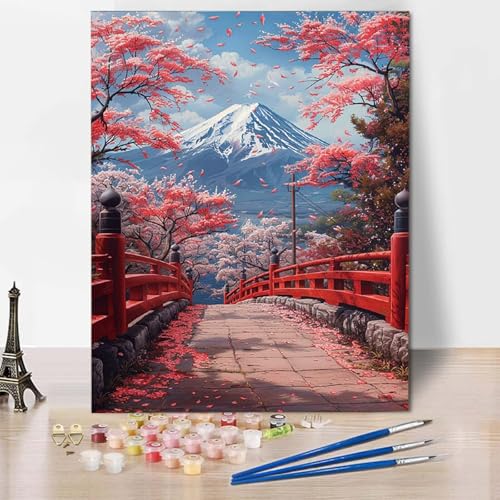 Paint by Numbers Kirschblüten Malen Nach Zahlen Vulkan Fuji Malen Nach Zahlen Anfänger DIY Handgemalt Ölgemälde Leinwand Kits mit 3 Pinseln und Acrylfarbe für Wanddeko, Geschenk (70x95cm) -CW2504DQ von HCWBDWOU