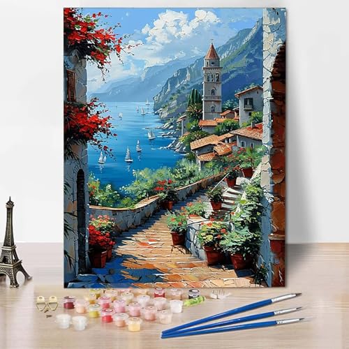Paint by Numbers Landschaft Malen Nach Zahlen Ozean Malen Nach Zahlen Anfänger DIY Handgemalt Ölgemälde Leinwand Kits mit 3 Pinseln und Acrylfarbe für Wanddeko, Geschenk (60 x 80 cm) -CW2504U58 von HCWBDWOU