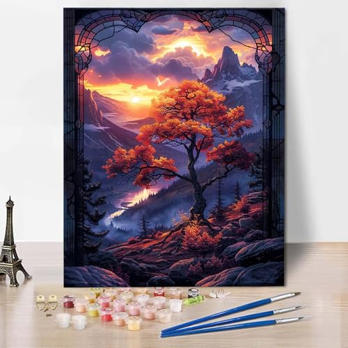 Paint by Numbers Landschaft Malen Nach Zahlen Sonnenuntergang Malen Nach Zahlen Anfänger DIY Handgemalt Ölgemälde Leinwand Kits mit 3 Pinseln und Acrylfarbe für Wanddeko, Geschenk (70x95cm) -CW250420 von HCWBDWOU