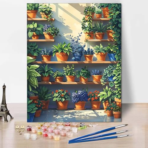Paint by Numbers Landschaft Malen Nach Zahlen Topfpflanzen Malen Nach Zahlen Anfänger DIY Handgemalt Ölgemälde Leinwand Kits mit 3 Pinseln und Acrylfarbe für Wanddeko, Geschenk (70x95cm) -CW2504YD von HCWBDWOU