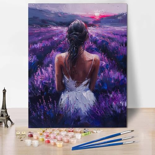 Paint by Numbers Lavendel Malen Nach Zahlen Frau Malen Nach Zahlen Anfänger DIY Handgemalt Ölgemälde Leinwand Kits mit 3 Pinseln und Acrylfarbe für Wanddeko, Geschenk für Frauen 70 x 95 cm -CW250432 von HCWBDWOU