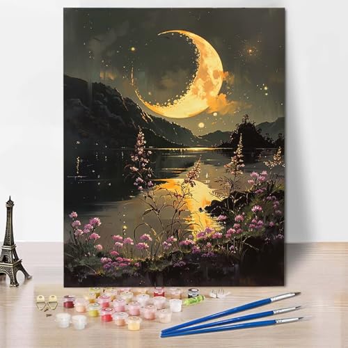 Paint by Numbers Mond Malen Nach Zahlen Landschaft Malen Nach Zahlen Anfänger DIY Handgemalt Ölgemälde Leinwand Kits mit 3 Pinseln und Acrylfarbe für Wanddeko, Geschenk für Frauen 20 x 30 cm -CW25045A von HCWBDWOU
