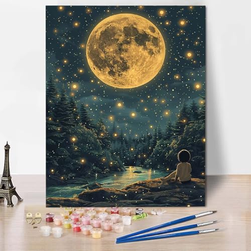 Paint by Numbers Mond Malen Nach Zahlen Wald Malen Nach Zahlen Anfänger DIY Handgemalt Ölgemälde Leinwand Kits mit 3 Pinseln und Acrylfarbe für Wanddeko, Geschenk für Frauen 70 x 95 cm -CW2504FF von HCWBDWOU