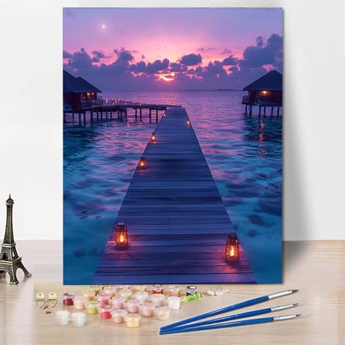 Paint by Numbers Ozean Malen Nach Zahlen Landschaft Malen Nach Zahlen Anfänger DIY Handgemalt Ölgemälde Leinwand Kits mit 3 Pinseln und Acrylfarbe für Wanddeko, Geschenk (60 x 80 cm) -CW25047PY von HCWBDWOU