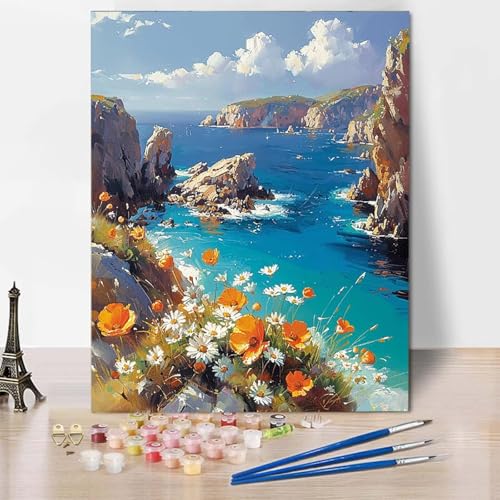 Paint by Numbers Ozean Malen Nach Zahlen Landschaft Malen Nach Zahlen Anfänger DIY Handgemalt Ölgemälde Leinwand Kits mit 3 Pinseln und Acrylfarbe für Wanddeko, Geschenk für Frauen (40x50cm) -CW2504PD von HCWBDWOU