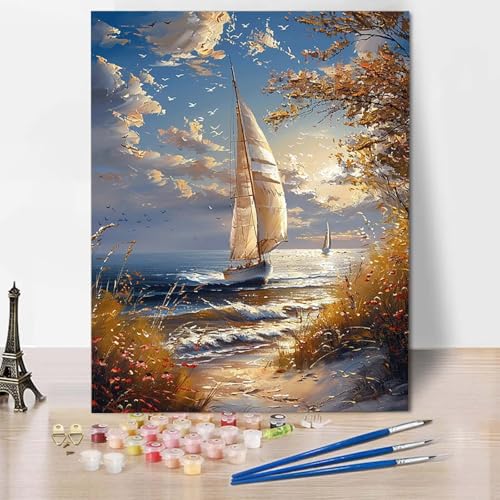 Paint by Numbers Ozean Malen Nach Zahlen Segelboot Malen Nach Zahlen Anfänger DIY Handgemalt Ölgemälde Leinwand Kits mit 3 Pinseln und Acrylfarbe für Wanddeko, Geschenk (60 x 80 cm) -CW2504KA007 von HCWBDWOU