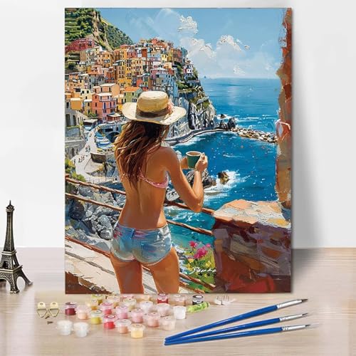 Paint by Numbers Ozean Malen Nach Zahlen Stadt Malen Nach Zahlen Anfänger DIY Handgemalt Ölgemälde Leinwand Kits mit 3 Pinseln und Acrylfarbe für Wanddeko, Geschenk für Frauen (40 x 60 cm) -CW25040H von HCWBDWOU