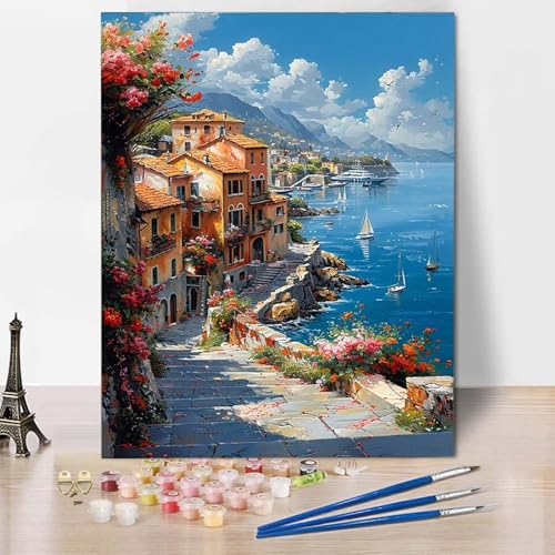 Paint by Numbers Ozean Malen Nach Zahlen Stadt Malen Nach Zahlen Anfänger DIY Handgemalt Ölgemälde Leinwand Kits mit 3 Pinseln und Acrylfarbe für Wanddeko, Geschenk für Frauen (50x65cm) -CW2504DY von HCWBDWOU
