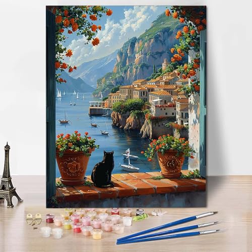 Paint by Numbers Ozean Malen Nach Zahlen Stadt Malen Nach Zahlen Anfänger DIY Handgemalt Ölgemälde Leinwand Kits mit 3 Pinseln und Acrylfarbe für Wanddeko, Geschenk für Frauen (70x95cm) -CW250436 von HCWBDWOU