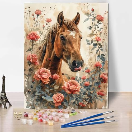 Paint by Numbers Pferd Malen Nach Zahlen Blume Malen Nach Zahlen Anfänger DIY Handgemalt Ölgemälde Leinwand Kits mit 3 Pinseln und Acrylfarbe für Wanddeko, Geschenk für Frauen (70x95cm) -CW2504T9 von HCWBDWOU