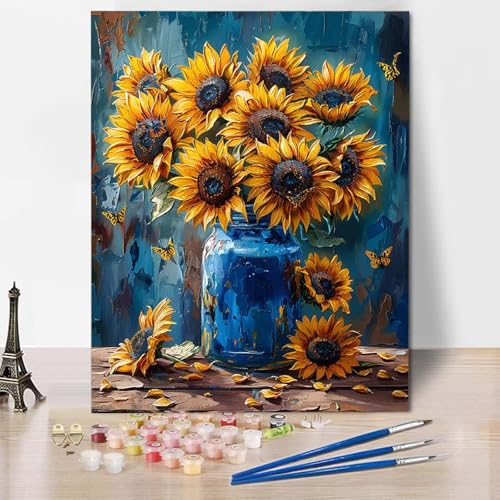 Paint by Numbers Sonnenblume Malen Nach Zahlen Blume Malen Nach Zahlen Anfänger DIY Handgemalt Ölgemälde Leinwand Kits mit 3 Pinseln und Acrylfarbe für Wanddeko, Geschenk (70x95cm) -CW2504J6N3K von HCWBDWOU