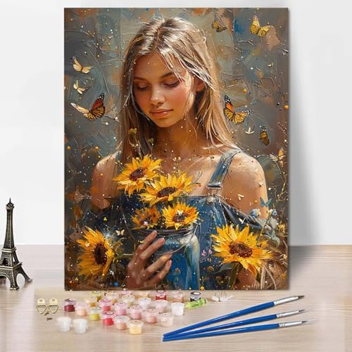 Paint by Numbers Sonnenblume Malen Nach Zahlen Frau Malen Nach Zahlen Anfänger DIY Handgemalt Ölgemälde Leinwand Kits mit 3 Pinseln und Acrylfarbe für Wanddeko, Geschenk 70 x 95 cm -CW2504993OA von HCWBDWOU