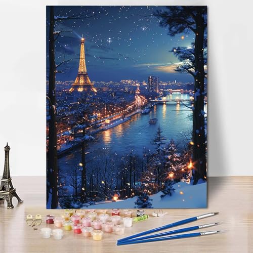 Paint by Numbers Stadt Malen Nach Zahlen Eiffelturm Malen Nach Zahlen Anfänger DIY Handgemalt Ölgemälde Leinwand Kits mit 3 Pinseln und Acrylfarbe für Wanddeko, Geschenk für Frauen (50x65cm) -CW2504R4 von HCWBDWOU