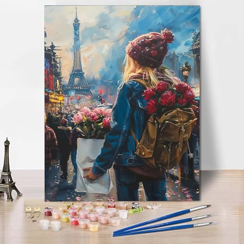 Paint by Numbers Stadt Malen Nach Zahlen Frau Malen Nach Zahlen Anfänger DIY Handgemalt Ölgemälde Leinwand Kits mit 3 Pinseln und Acrylfarbe für Wanddeko, Geschenk für Frauen (70x95cm) -CW2504X8 von HCWBDWOU