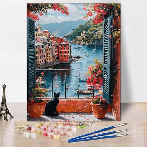 Paint by Numbers Stadt Malen Nach Zahlen Katze Malen Nach Zahlen Anfänger DIY Handgemalt Ölgemälde Leinwand Kits mit 3 Pinseln und Acrylfarbe für Wanddeko, Geschenk für Frauen (40x50cm) -CW2504M4 von HCWBDWOU
