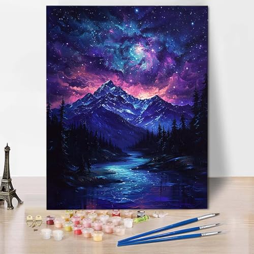 Paint by Numbers Sternenhimmel Malen Nach Zahlen Landschaft Malen Nach Zahlen Anfänger DIY Handgemalt Ölgemälde Leinwand Kits mit 3 Pinseln und Acrylfarbe für Wanddeko, Geschenk (70x95cm) -CW250488 von HCWBDWOU