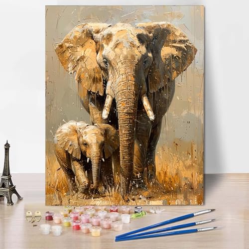 Paint by Numbers Tier Malen Nach Zahlen Elefant Malen Nach Zahlen Anfänger DIY Handgemalt Ölgemälde Leinwand Kits mit 3 Pinseln und Acrylfarbe für Wanddeko, Geschenk für Frauen 40 X 60 CM -CW2504AP von HCWBDWOU