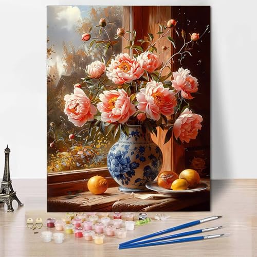 Paint by Numbers Vase Malen Nach Zahlen Blume Malen Nach Zahlen Anfänger DIY Handgemalt Ölgemälde Leinwand Kits mit 3 Pinseln und Acrylfarbe für Wanddeko, Geschenk für Frauen (40x50cm) -CW2504W2 von HCWBDWOU