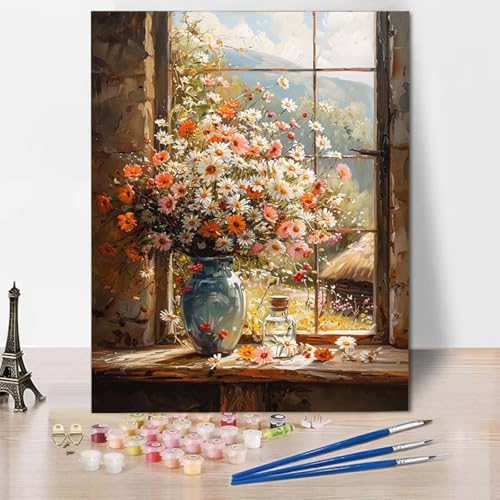 Paint by Numbers Vase Malen Nach Zahlen Blume Malen Nach Zahlen Anfänger DIY Handgemalt Ölgemälde Leinwand Kits mit 3 Pinseln und Acrylfarbe für Wanddeko, Geschenk für Frauen (70x95cm) -CW2504AD von HCWBDWOU