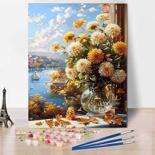 Paint by Numbers Vase Malen Nach Zahlen Landschaft Malen Nach Zahlen Anfänger DIY Handgemalt Ölgemälde Leinwand Kits mit 3 Pinseln und Acrylfarbe für Wanddeko, Geschenk für Frauen 70 x 95 cm -CW2504YH von HCWBDWOU